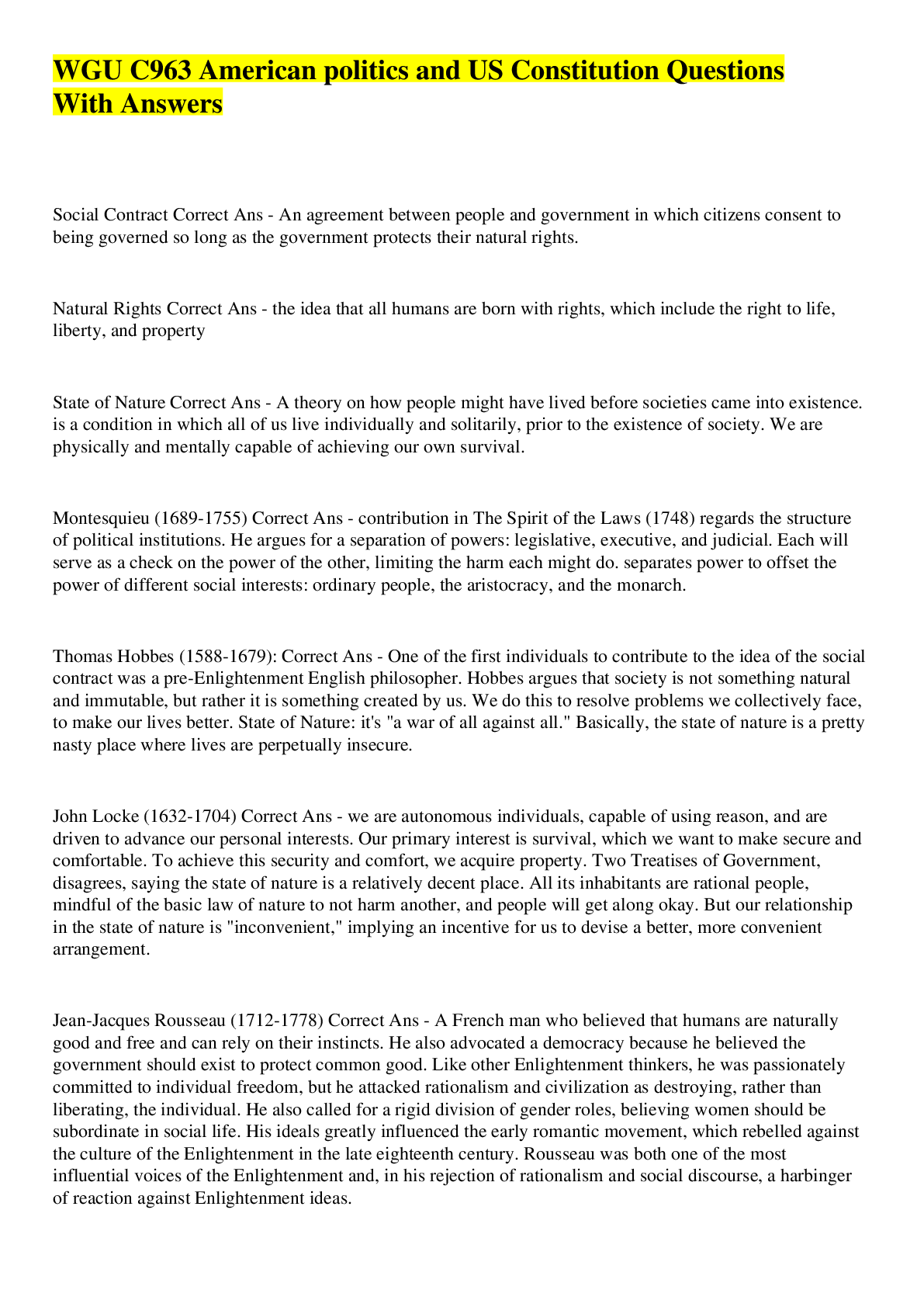 WGU C963 American politics and US Constitution Questions With Answers